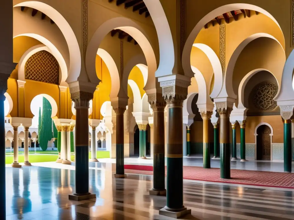 Interior impresionante de la Gran Mezquita de Córdoba, con arcos de herradura, arcos dobles rojos y blancos, juego de luces y sombras, y una rica mezcla artística de elementos islámicos, barrocos y góticos, transmitiendo serenidad espiritual y