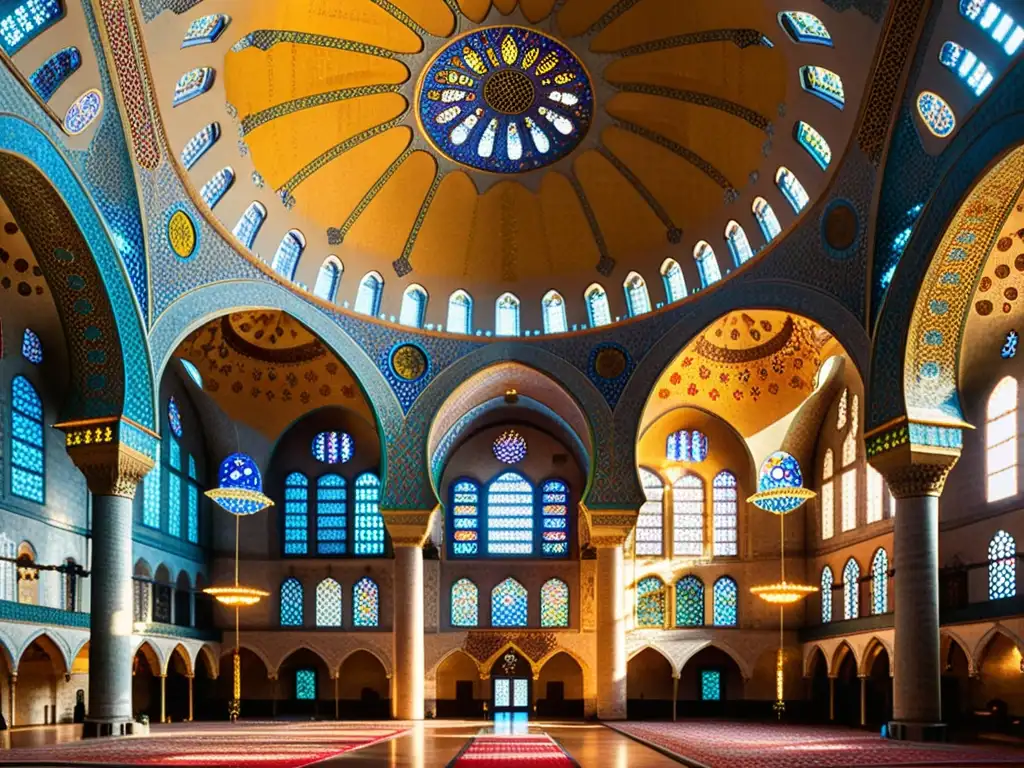 Interior impresionante de la Mezquita Azul en Estambul, con cúpula central y ventanas de colores