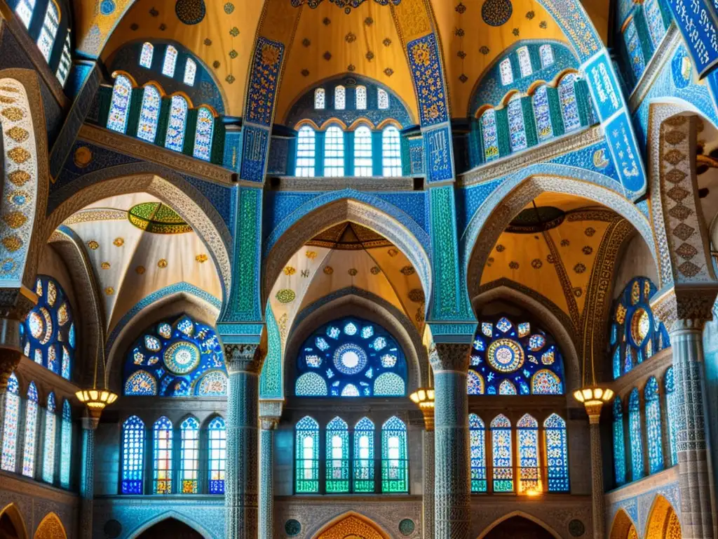 Interior impresionante de la Mezquita Azul en Estambul, con detalles arquitectónicos y atmósfera serena