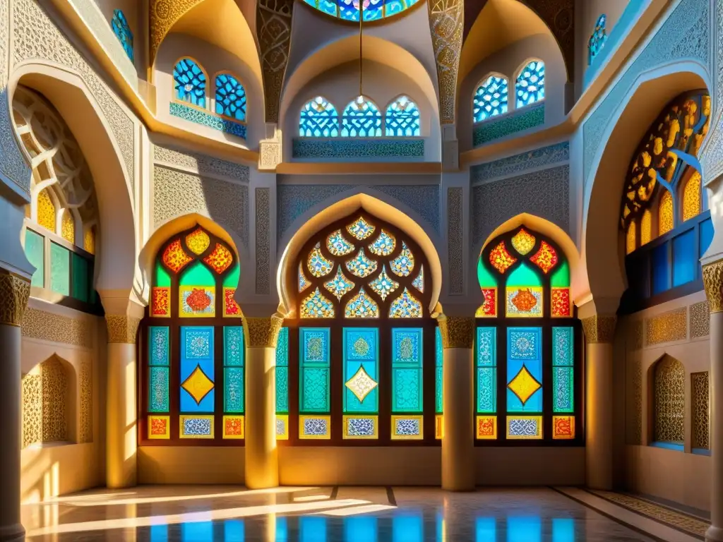 Interior impresionante de mezquita: estucos y relieves arte islámico se mezclan con luz solar, creando una atmósfera de asombroso esplendor