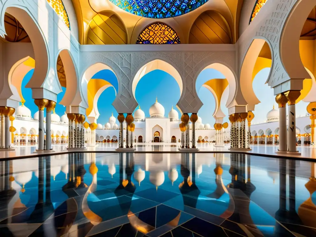 Interior impresionante de la mezquita Sheikh Zayed en Abu Dhabi, con detalles arquitectónicos, patrones florales y caligrafía intrincada