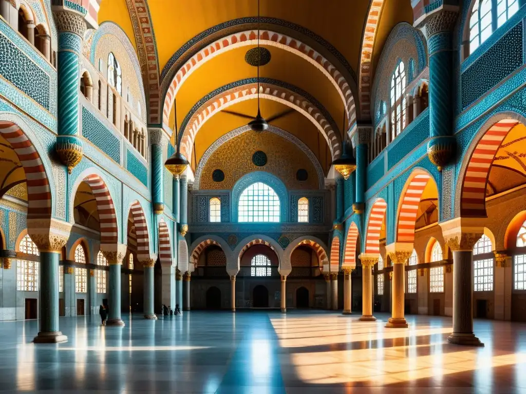 Interior impresionante de la Mezquita Süleymaniye en Estambul, con detalles arquitectónicos y una atmósfera de serenidad y grandiosidad