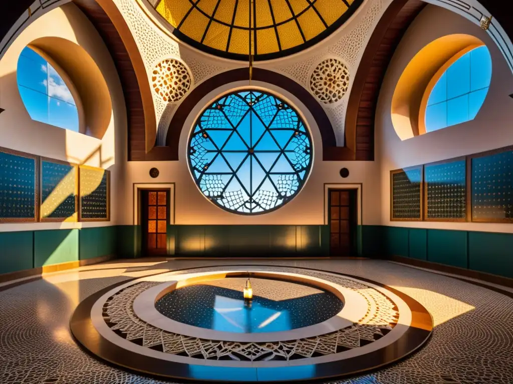 Interior impresionante de un observatorio astronómico en mezquita, con patrones geométricos y telescopio central rodeado de instrumentos antiguos