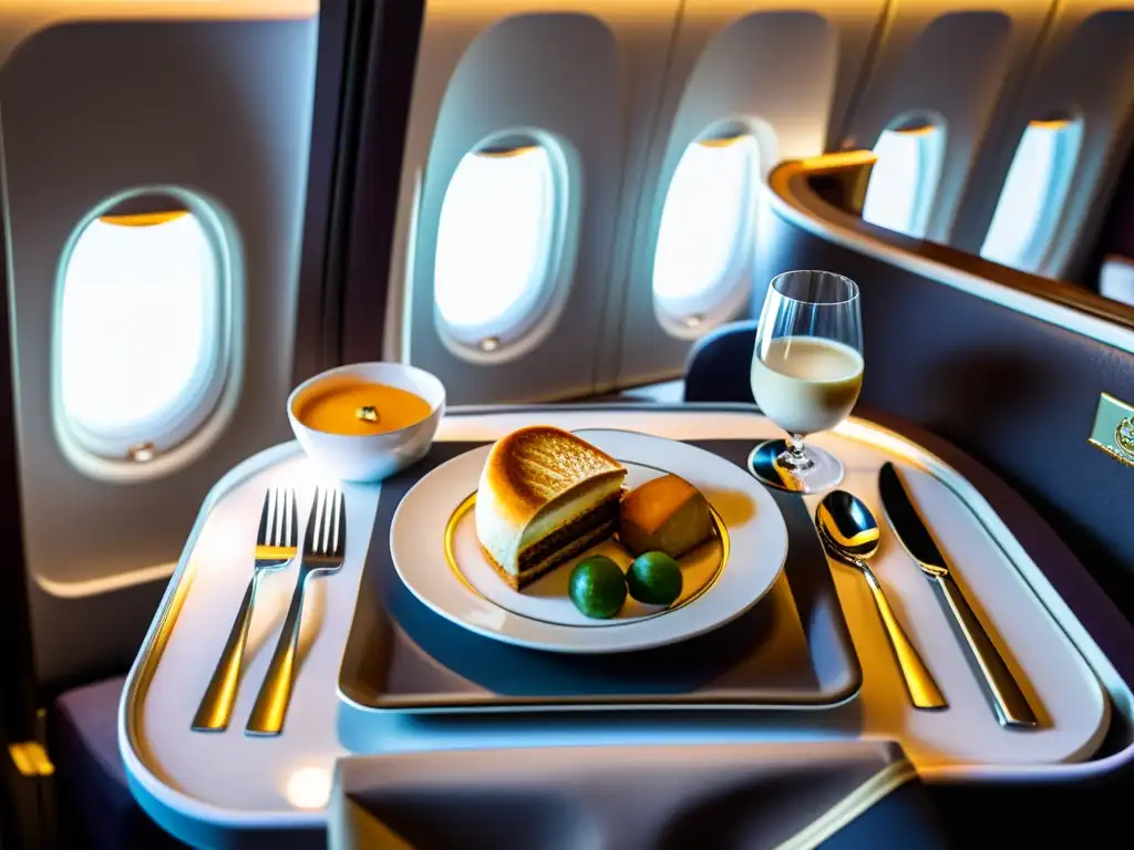 Interior lujoso de cabina de Etihad Airways con iluminación suave, asientos espaciosos y elegantes opciones de comidas halal