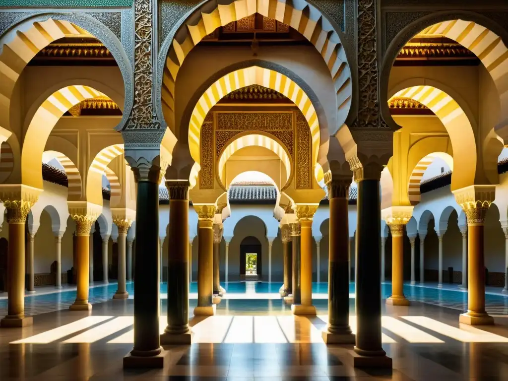 Interior magnífico de la Mezquita de Córdoba, con arcos de herradura, mosaicos y juego de luces y sombras