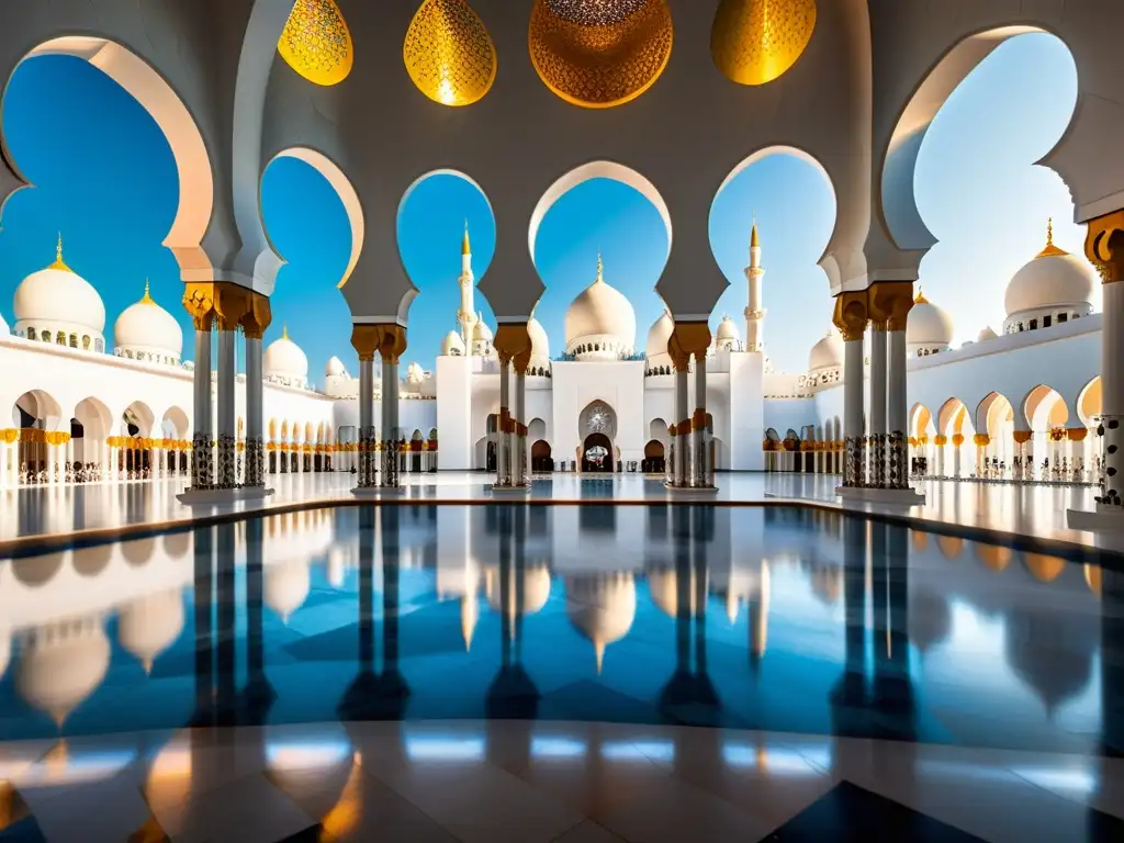 Interior magnífico de la mezquita Sheikh Zayed en Abu Dhabi, con detalles ornamentales, arcos elegantes y juego de luces a través de vitrales