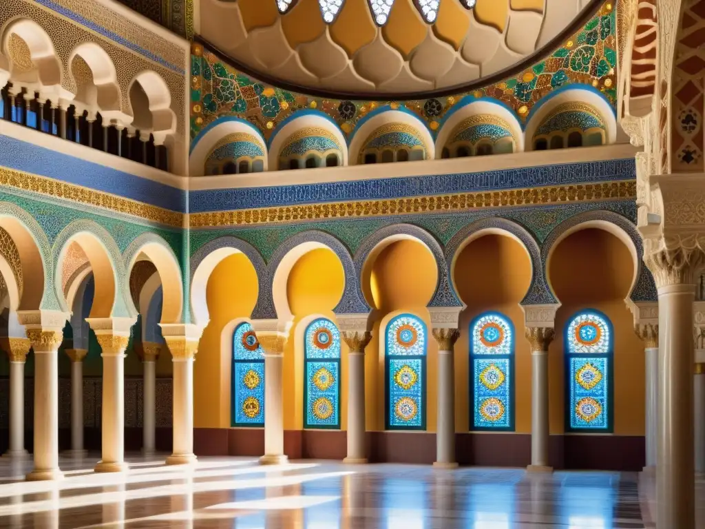 Interior de una majestuosa mezquita en Sicilia, con patrones geométricos, mosaicos coloridos y detalles moros