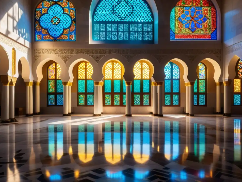 Interior majestuoso de la gran mezquita del Reinado de los Zanguíes, con patrones geométricos y caligrafía, luz solar y estudiosos en oración y debate