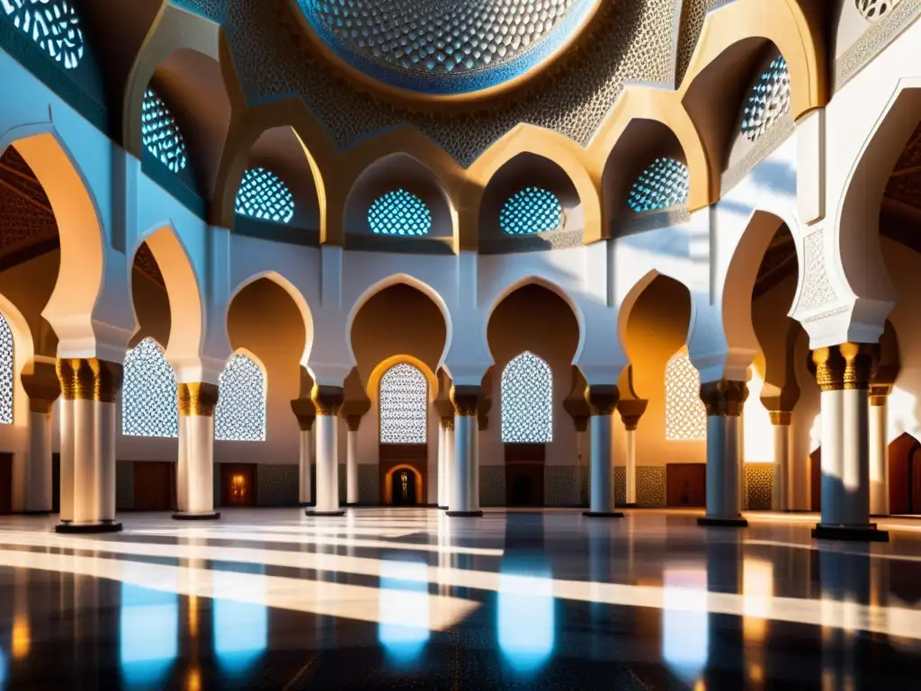 Interior majestuoso de una mezquita, con detalles arquitectónicos intrincados y diseño acústico para una experiencia de oración perfecta