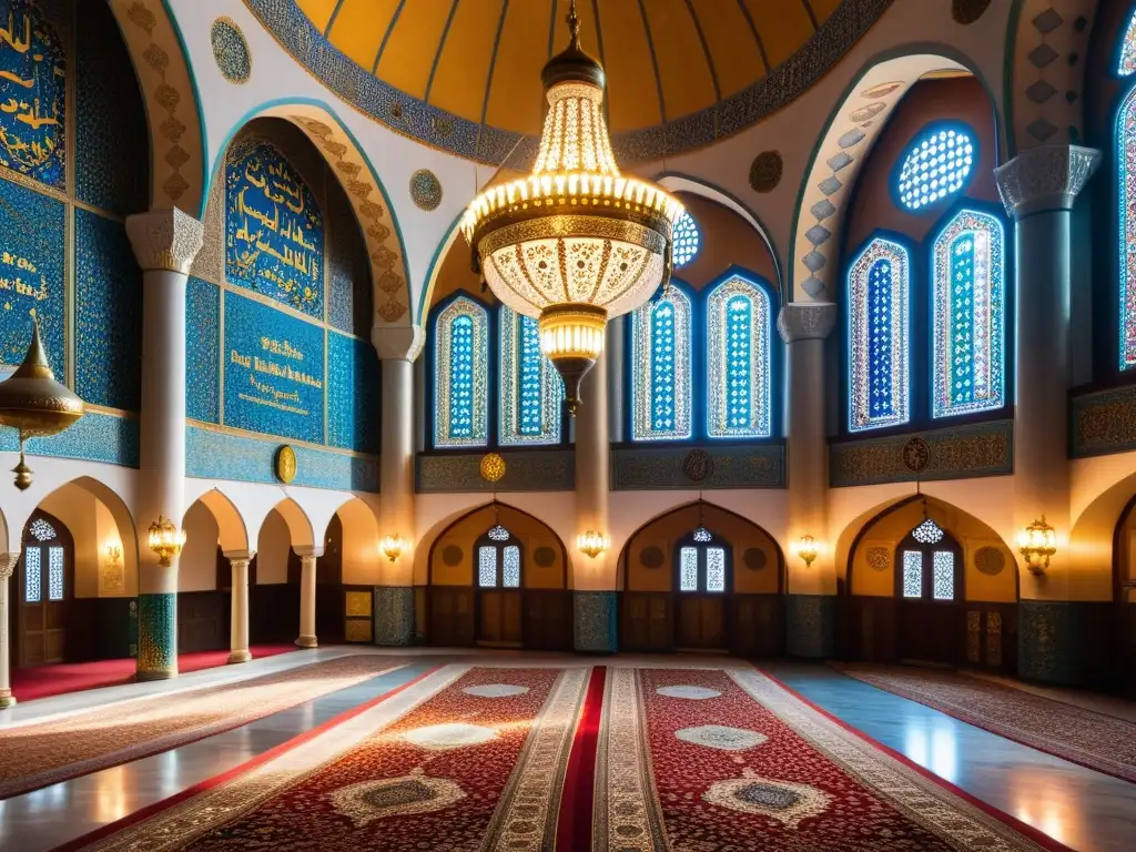 Interior majestuoso de la Mezquita de Eyüp Sultan, con su caligrafía adornada, candelabros y mihrab detallado