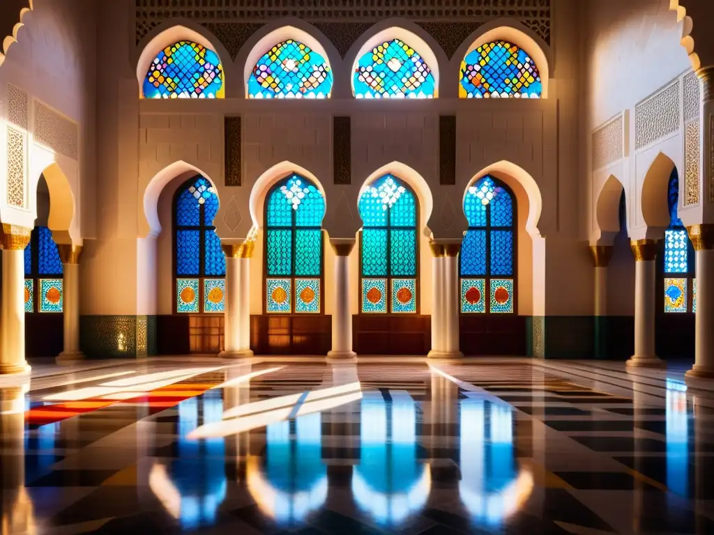 Interior majestuoso de una mezquita islámica, con detalles arquitectónicos y simbolismo impresionante