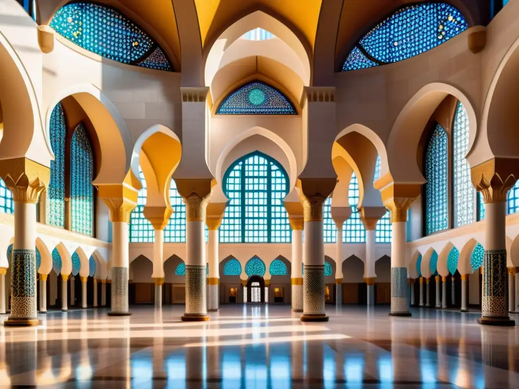 Interior majestuoso de una mezquita islámica, con detalles arquitectónicos, patrones ornamentales y luz natural filtrada