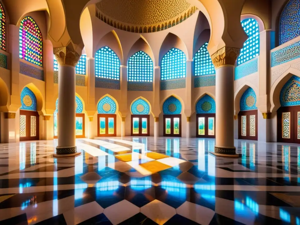 Interior de mezquita africana con patrones geométricos islámicos, arcos, vidrieras y luz solar, reflejando el Renacimiento islámico en África