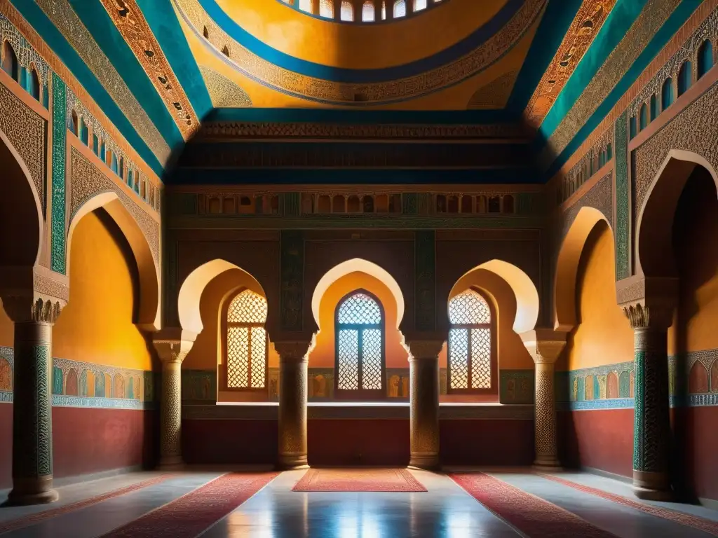 Interior de mezquita antigua con pinturas ocultas de gran riqueza y belleza, iluminado por la luz tenue