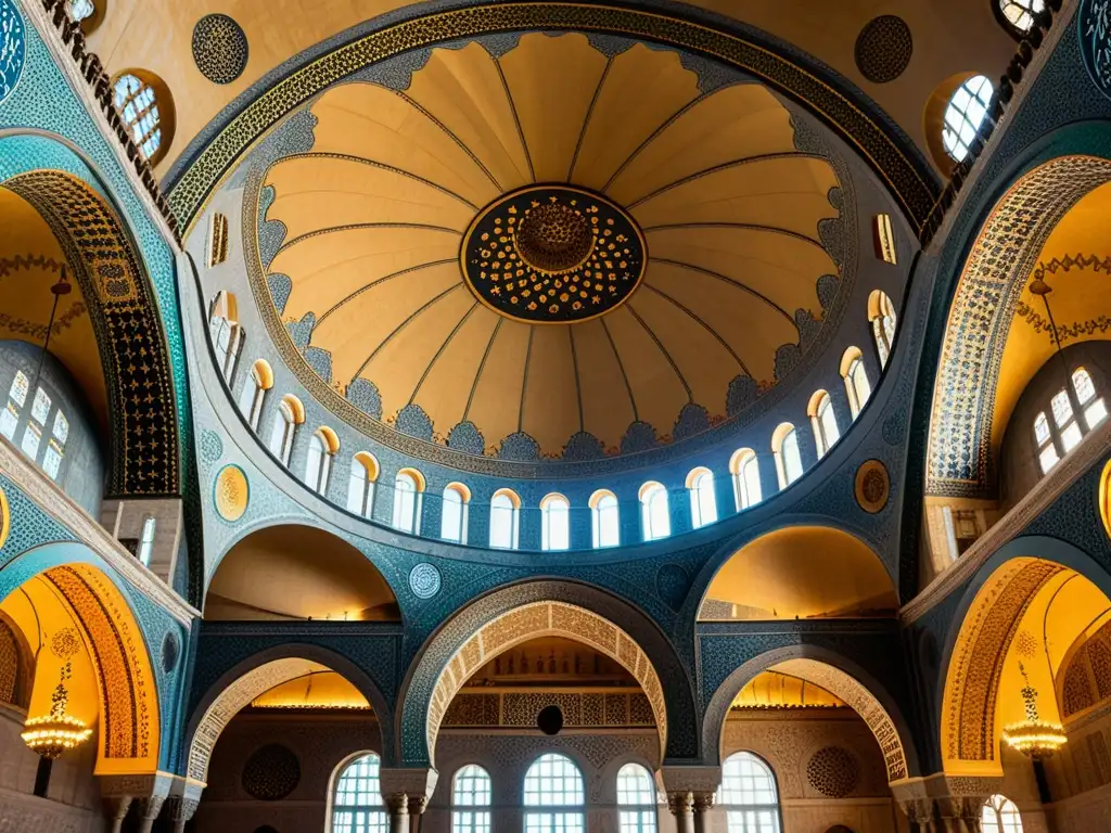 Interior de la Mezquita de Süleymaniye en Estambul, muestra la arquitectura del Imperio Otomano con detalles asombrosos y juego de luces y sombras