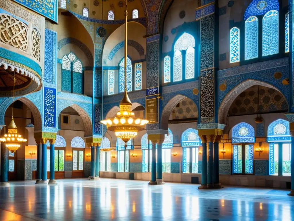 Interior de la Mezquita Azul en Estambul, con patrones de azulejos azules y blancos, luz solar y simbolismo de iluminación en mezquitas islámicas