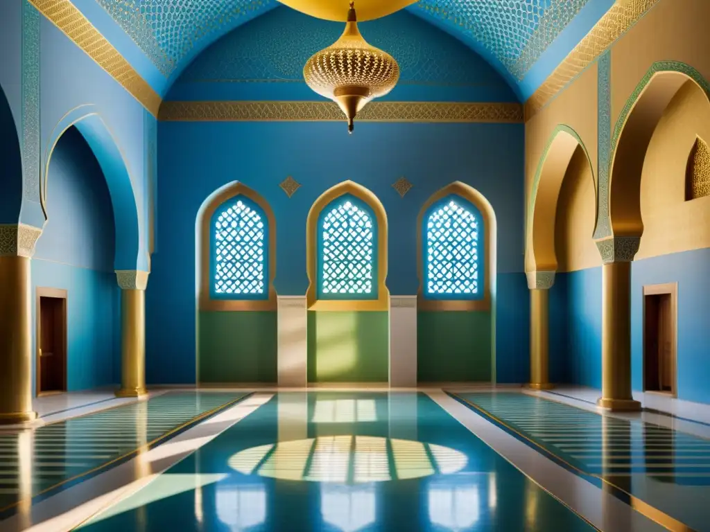 Interior de mezquita contemporánea con paleta de colores armoniosa, luz y sombra, y patrones geométricos