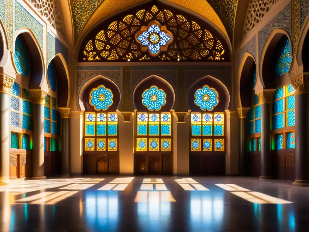 Interior de una mezquita decorada con patrones geométricos, iluminada por la luz cálida y colorida de las vidrieras