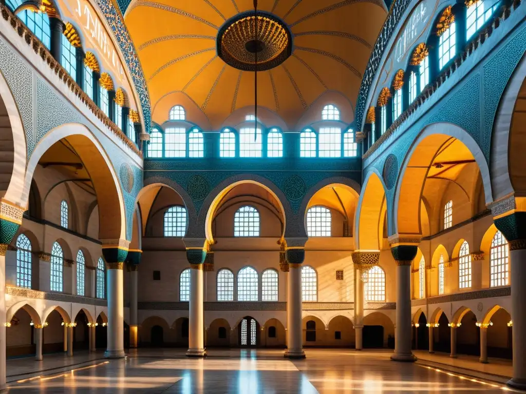 Interior de la Mezquita Süleymaniye, muestra la esencia de la arquitectura del Imperio Otomano con detalles majestuosos y atmósfera de reverencia