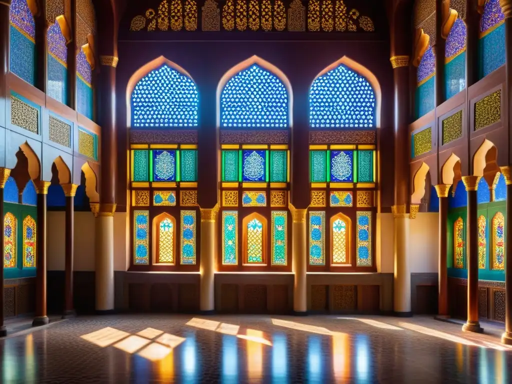 Interior de mezquita histórica en Asia, con luz solar iluminando vidrieras, tapices, azulejos e intrincada caligrafía