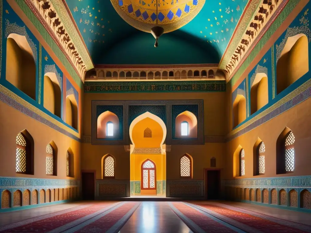 Interior de mezquita histórica con pinturas ocultas y frescos detallados, evocando misterio y maravilla