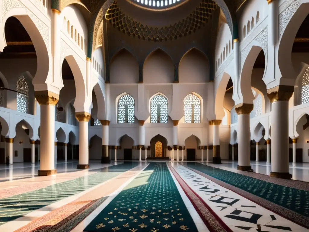 Interior de mezquita islámica con detalles arquitectónicos, acústica envolvente y fieles en oración