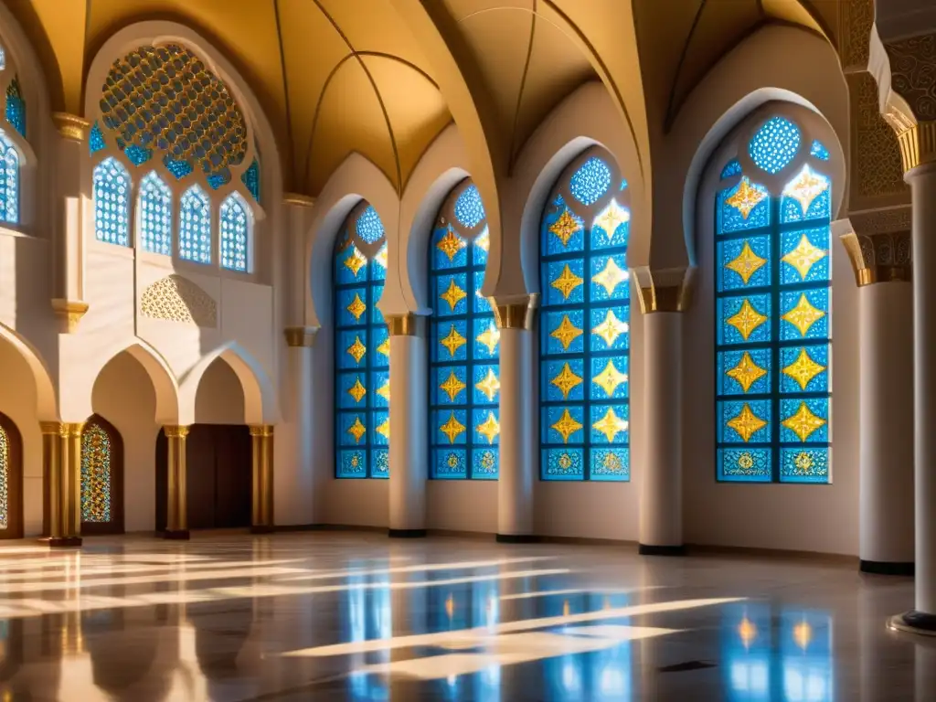 Interior de mezquita islámica con diseño acústico innovador, bañado en luz dorada a través de vitrales