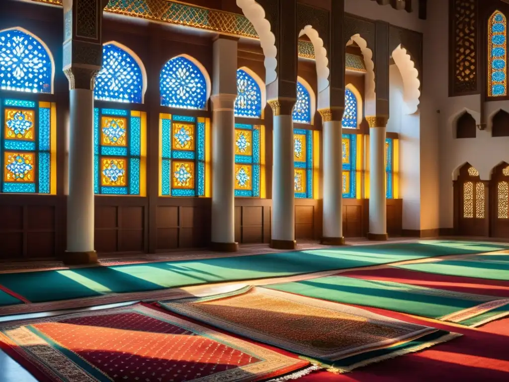 Interior de mezquita durante Ramadán, con luz cálida filtrándose a través de vitrales, creando un ambiente de significado espiritual Ramadán