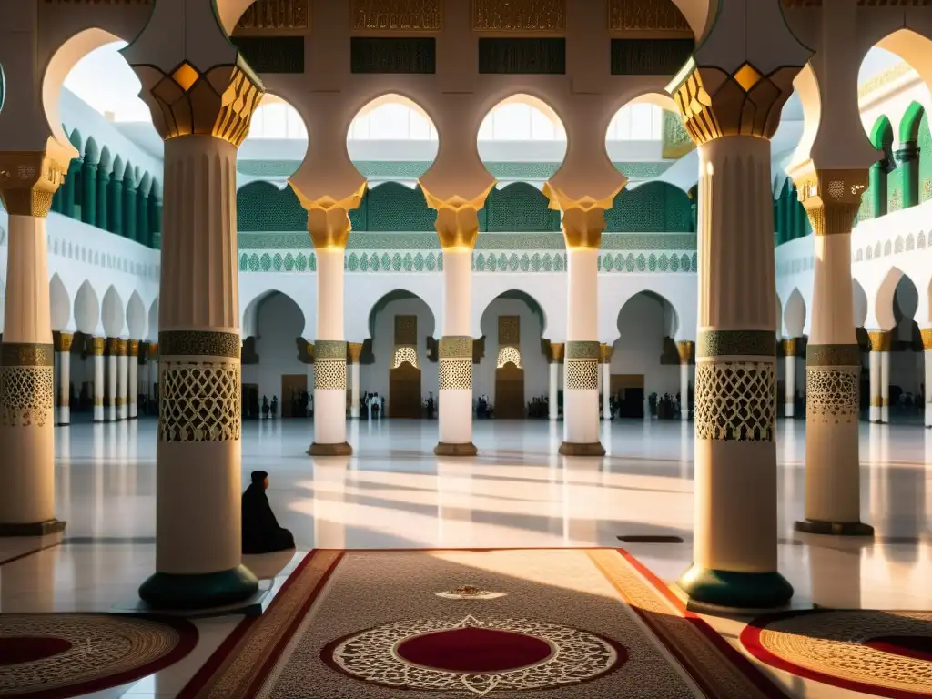 Interior de la Mezquita del Profeta en Medina, con vestimenta apropiada en lugares sagrados islámicos y una atmósfera serena y reverente