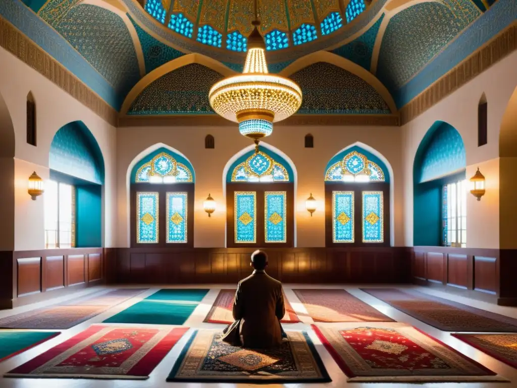 Interior de mezquita con música en el Islam, alfombras ricas, candelabros y arte geométrico en las paredes