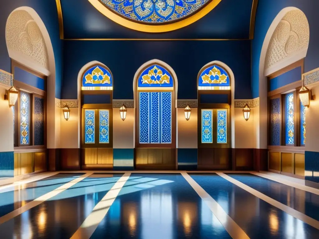 Interior de mezquita con paleta de colores armoniosa, detalles ornamentales y ambiente sereno