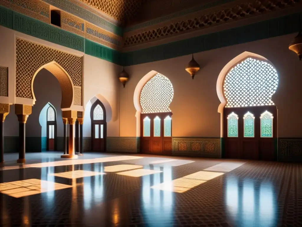 Interior de mezquita con patrones geométricos, luz y sombra, evocando el tiempo y la filosofía islámica