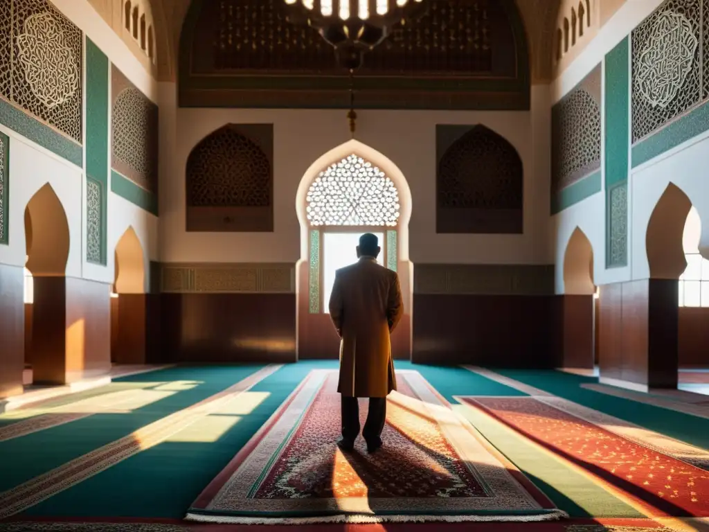 Un interior de mezquita con patrones geométricos islámicos, luz y sombra, y fieles en oración