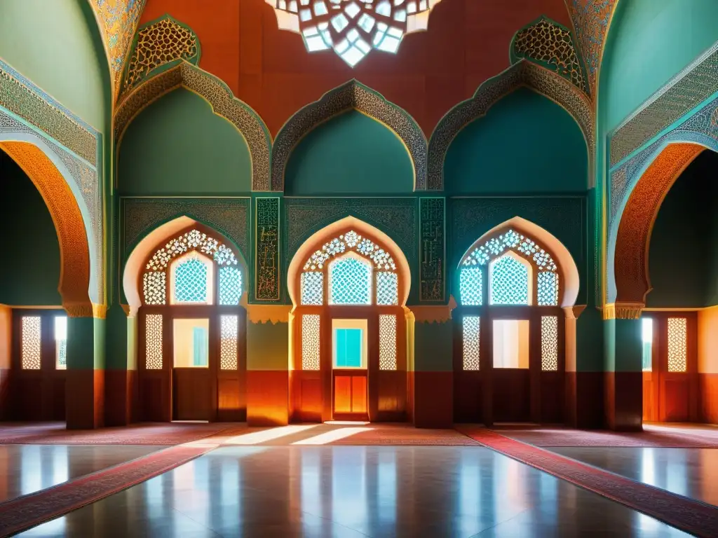 Interior de mezquita con patrones geométricos vibrantes en paredes y techos