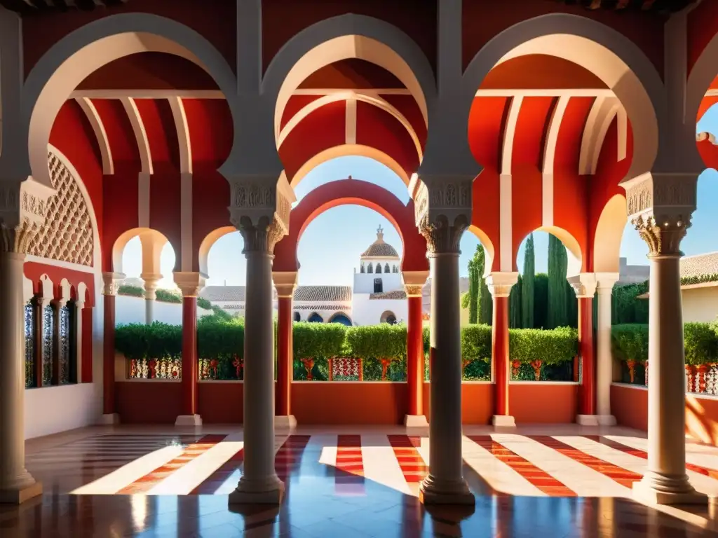 Interior de La Mezquita-Catedral de Córdoba, joya arquitectónica herencia islámica, con sus icónicos arcos rojos y blancos y la cálida luz del sol