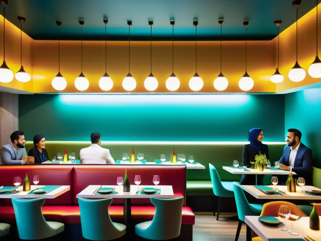 Interior moderno de restaurante halal con propuestas innovadoras cocina islámica, ambiente elegante y platos vibrantes