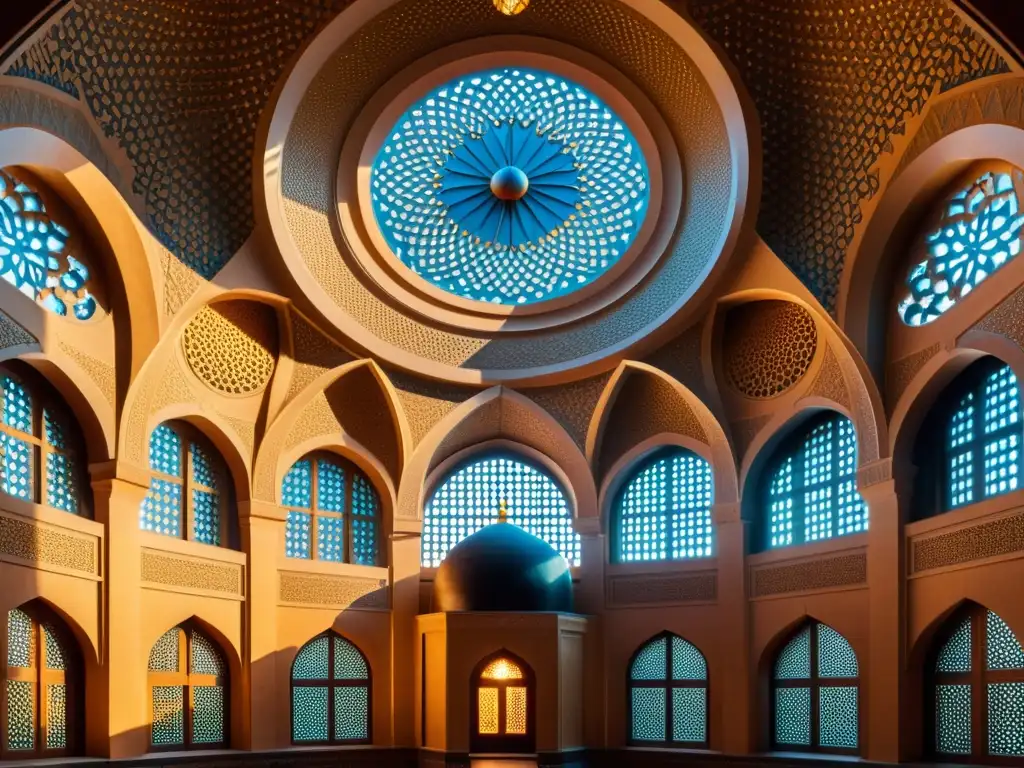 Interior de observatorio astronómico en mezquita, con patrones geométricos y equipo antiguo en suave luz