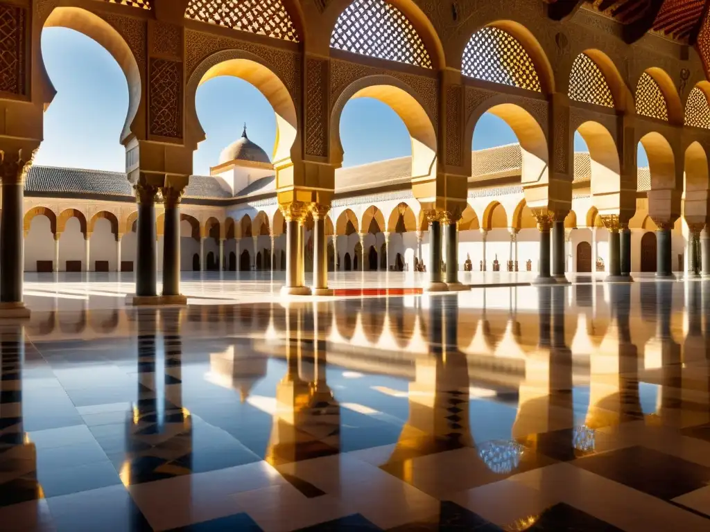 Interior ornamentado de la Gran Mezquita de Córdoba, con arcos rojos y blancos que se extienden hacia la distancia