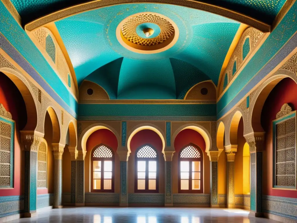 Interior del Palacio Azem en Siria, legado otomano en Siria, con detalles arquitectónicos ornamentados y coloridos, mosaicos y techos decorados