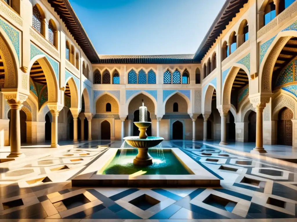 Interior del Palacio de los Shirvanshahs en Azerbaiyán, un oasis de arte y arquitectura con mosaicos, arcos y una fuente central