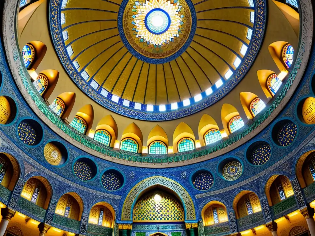 Interior de la Cúpula de la Roca en Jerusalén, con mosaicos intrincados y colores vibrantes, bañados por la cálida luz del sol