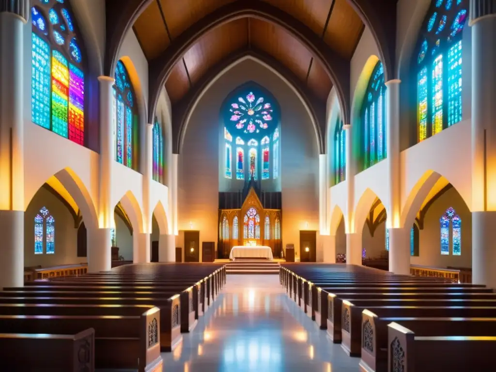 Interior sereno de catedral iluminado por luz solar y vitrales, con adoradores usando apps de oración en realidad aumentada