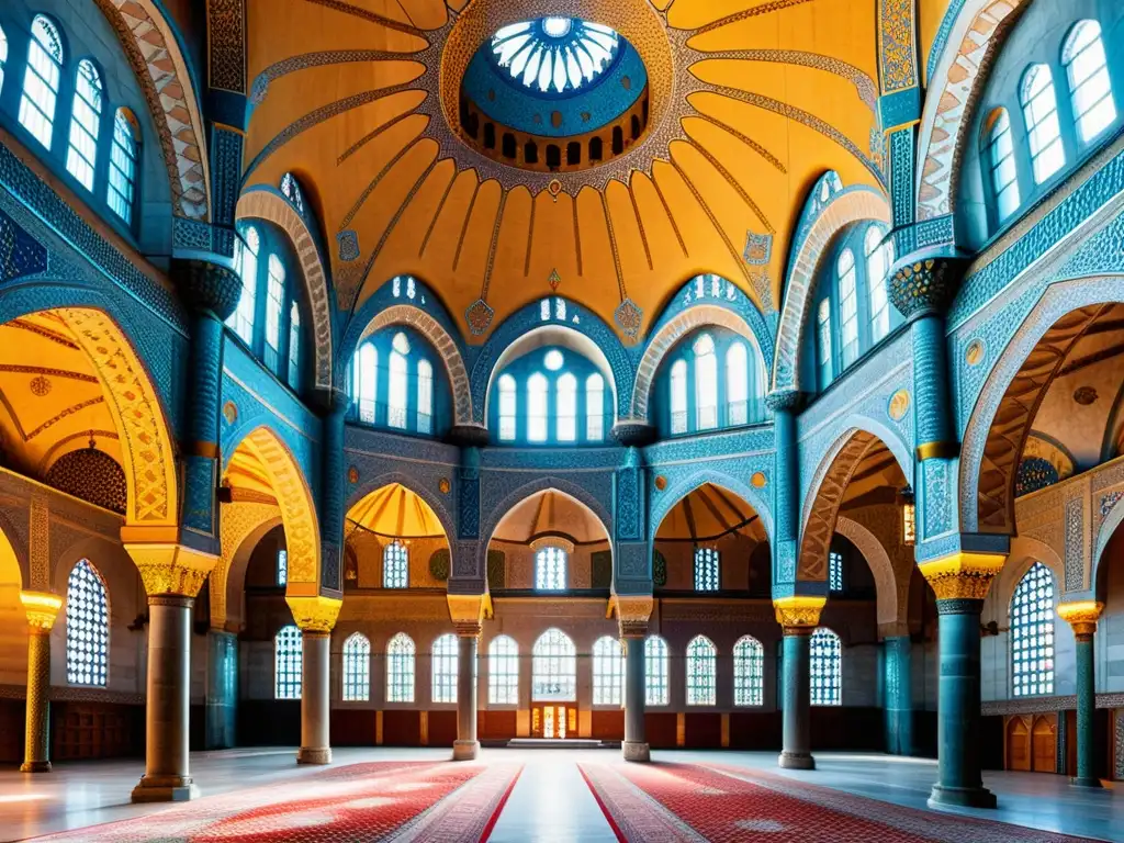 Interior sereno y majestuoso de la Mezquita Azul en Estambul, Turquía, con acústica ideal para la oración