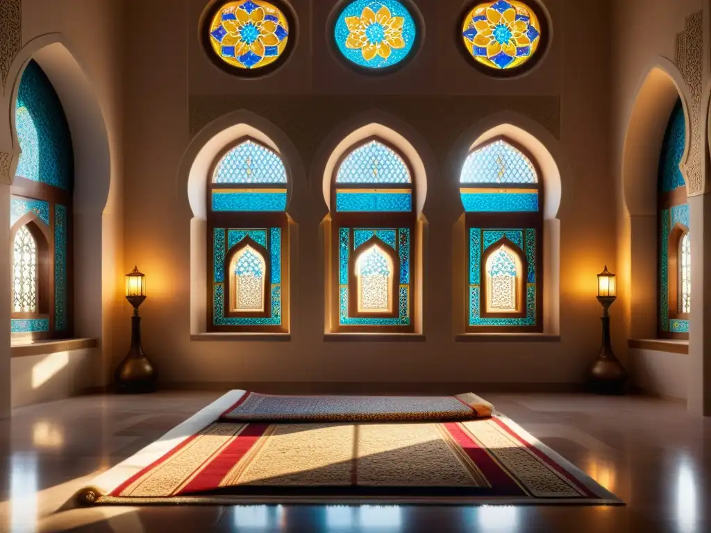 Interior sereno de mezquita en Laylat alRaghaib: Orígenes y Prácticas, con luz dorada y caligrafía árabe