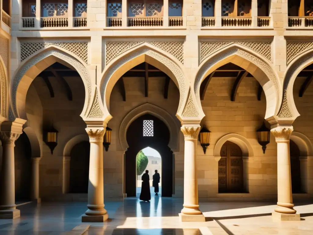 Interior soleado del Palacio de los Shirvanshahs, Azerbaiyán, con patrones geométricos antiguos y visitantes admirando la arquitectura histórica