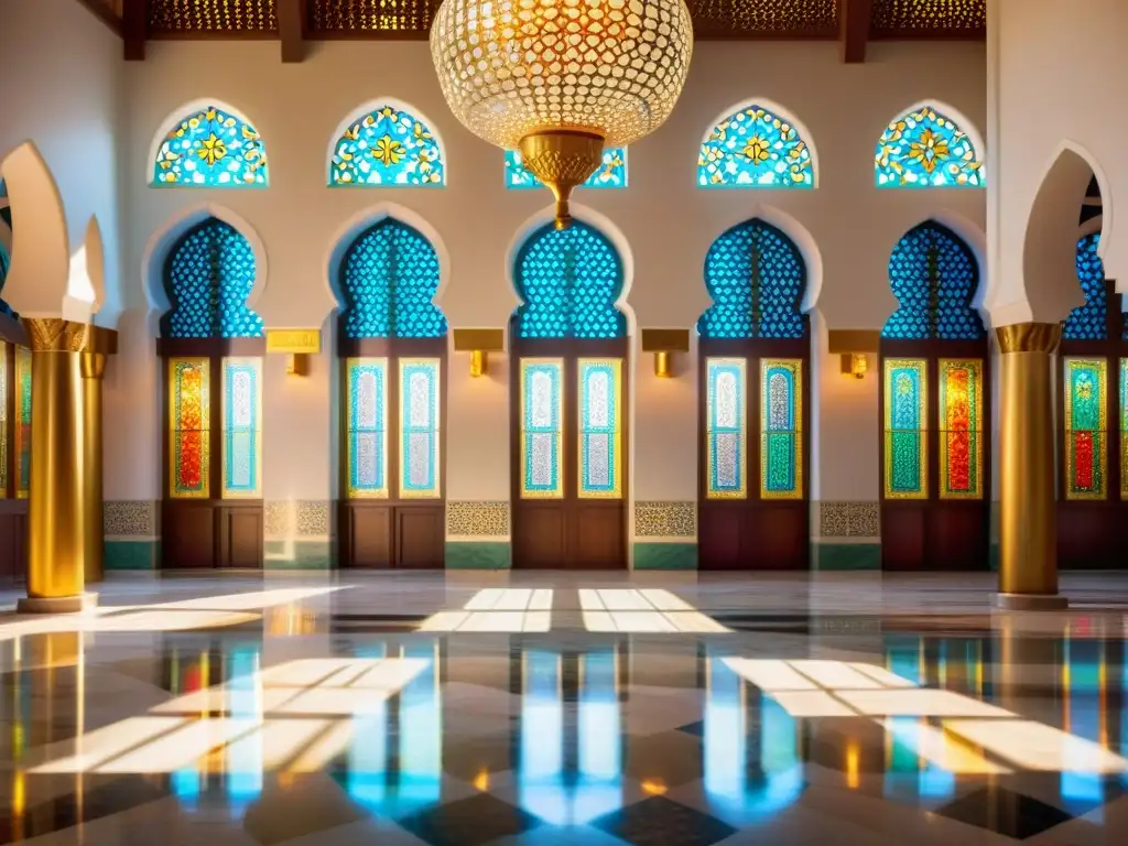 Interior vibrante de una mezquita en Dubái: Tradición y modernidad en los detalles geométricos y florales, la luz y la serenidad