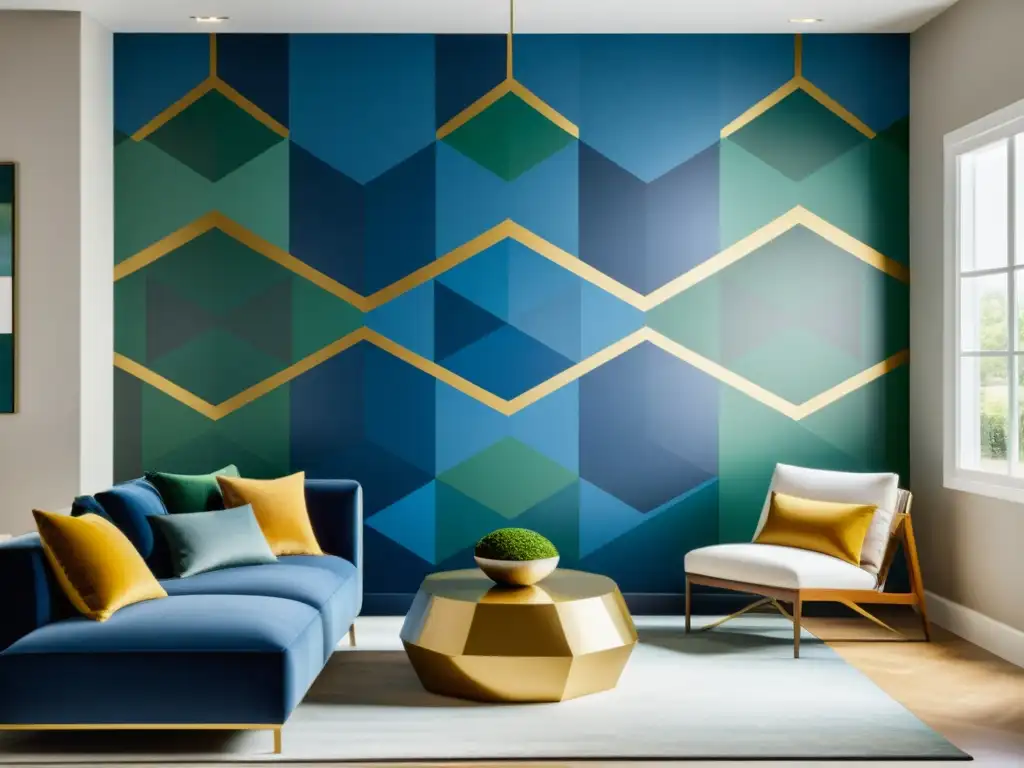 Decoración de interiores con arte islámico: Patrón geométrico islámico en una sala minimalista con colores vibrantes y elegancia atemporal