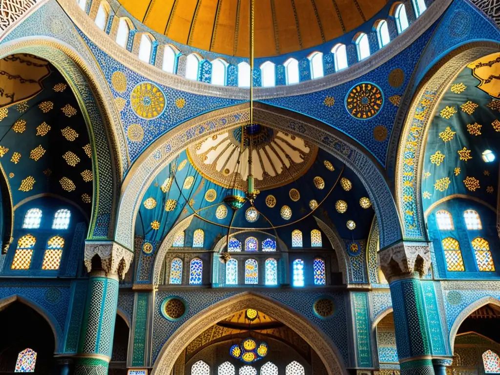 Interiores majestuosos de la Mezquita Azul en Estambul, Imperio Otomano