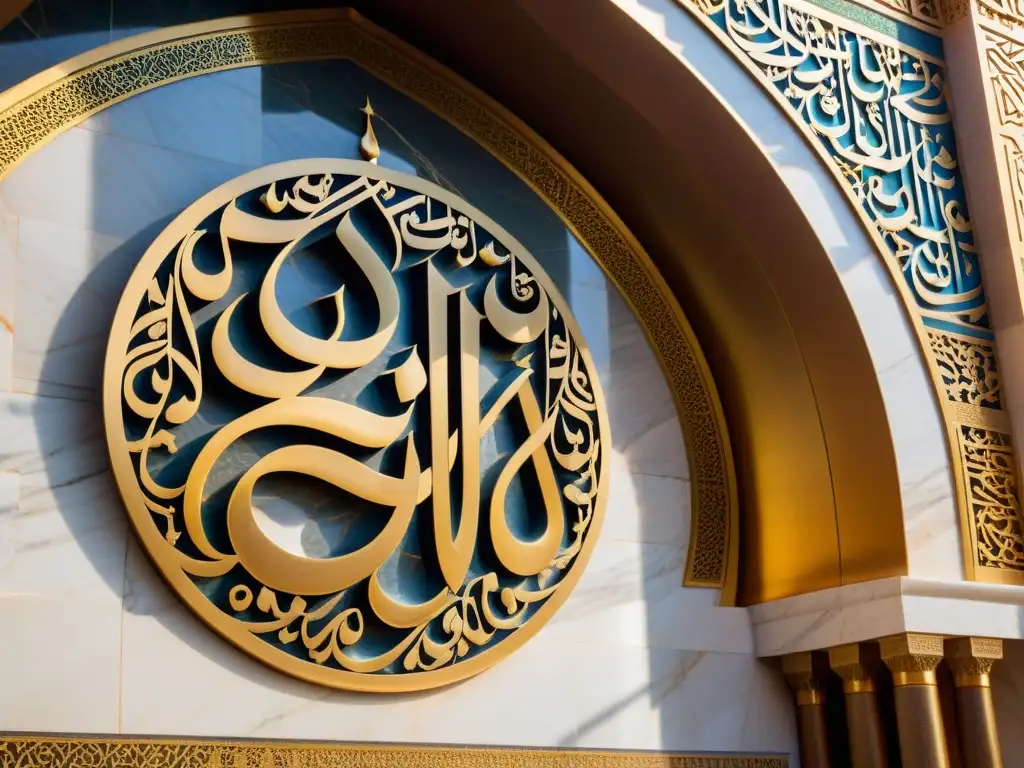 Intrincada caligrafía islámica en majestuosa mezquita, reflejando principios estéticos de la tradición