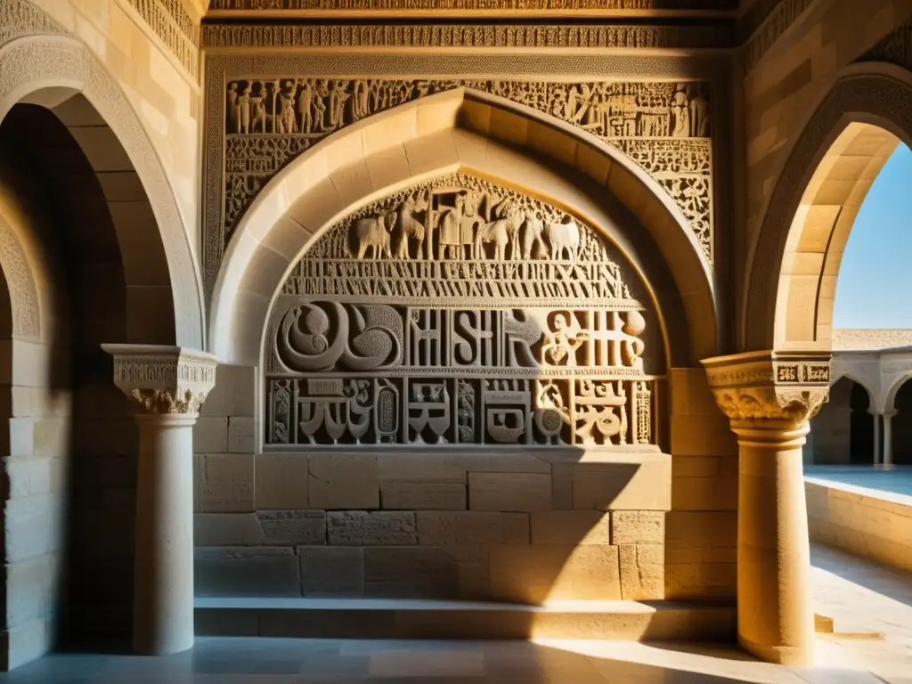 Intrincadas inscripciones y relieves en piedra en el Palacio de los Shirvanshahs Azerbaiyán, bañados por la luz solar, evocando su rica herencia cultural